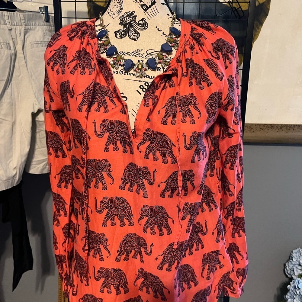 J. Crew Vibrant Red Elephant Print Blouse